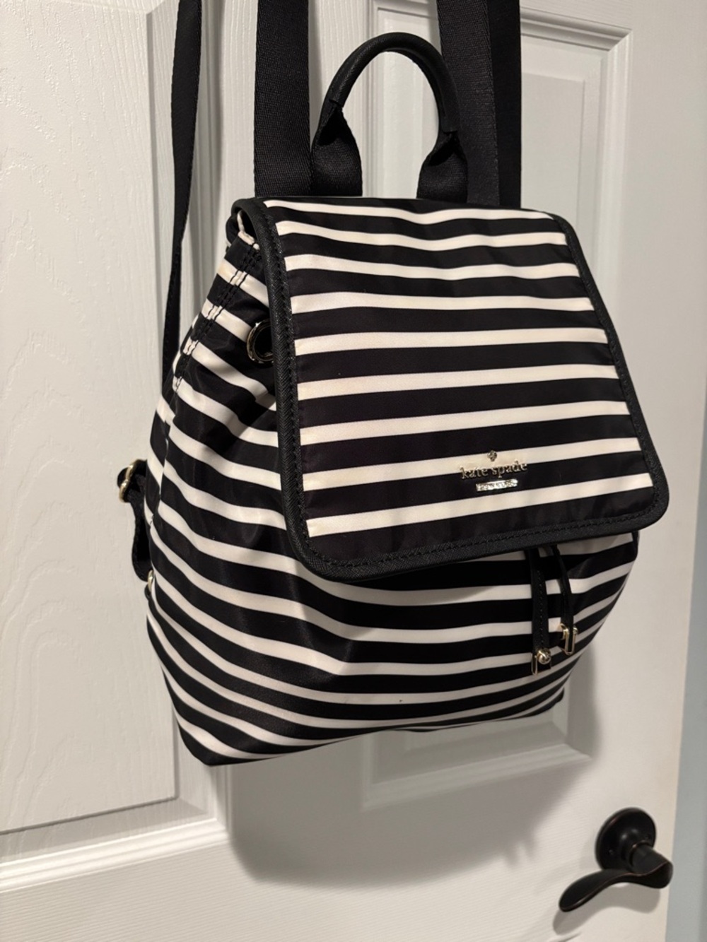 kate spade Black and White Striped Nylon Backpack